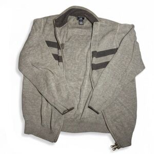 Dockers Men's Grey Zip-Up Sweater with Black Stripes